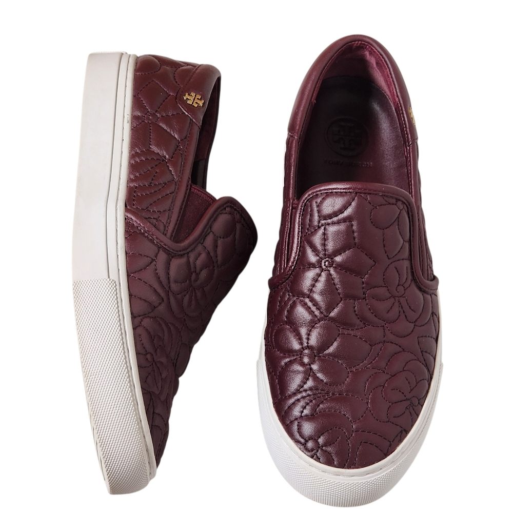 Tory Burch Shoes Leather Womens Quilted Slip-On Oxblood Burgundy Wine Size 8